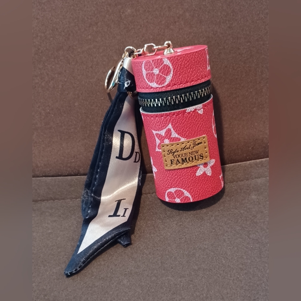 New Red Flower Print Novelty Mini Cylinder Scarf Coin Purse Keychain Bag Charm